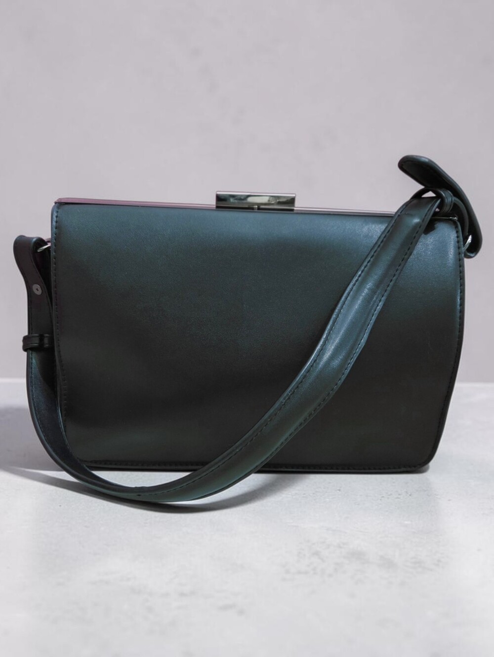Black Structured Frame Shoulder Bag with Silver-Tone Clasp